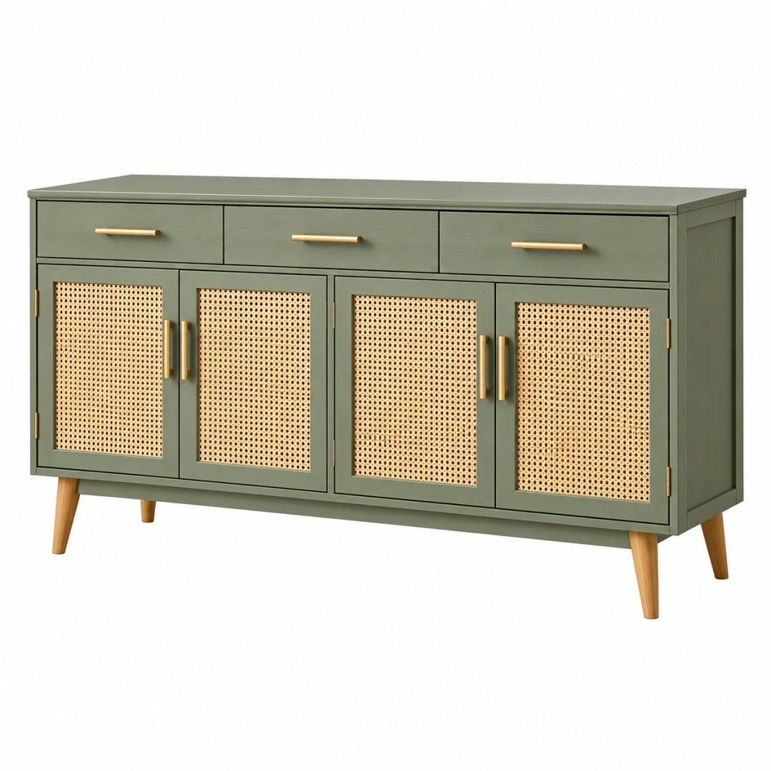 Aparador 160 x 40 x 85 cm de madera verde con rejilla de ratán y almacenamiento