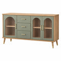 Aparador 160 x 40 x 85 cm de madera verde salvia con puertas de cristal acanalado y cajones