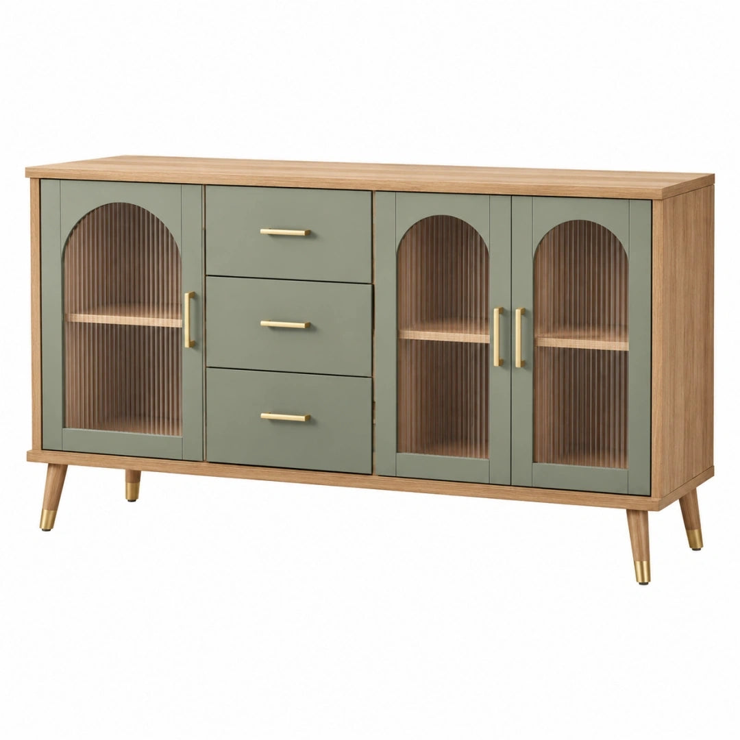Aparador 160 x 40 x 85 cm de madera verde salvia con puertas de cristal acanalado y cajones