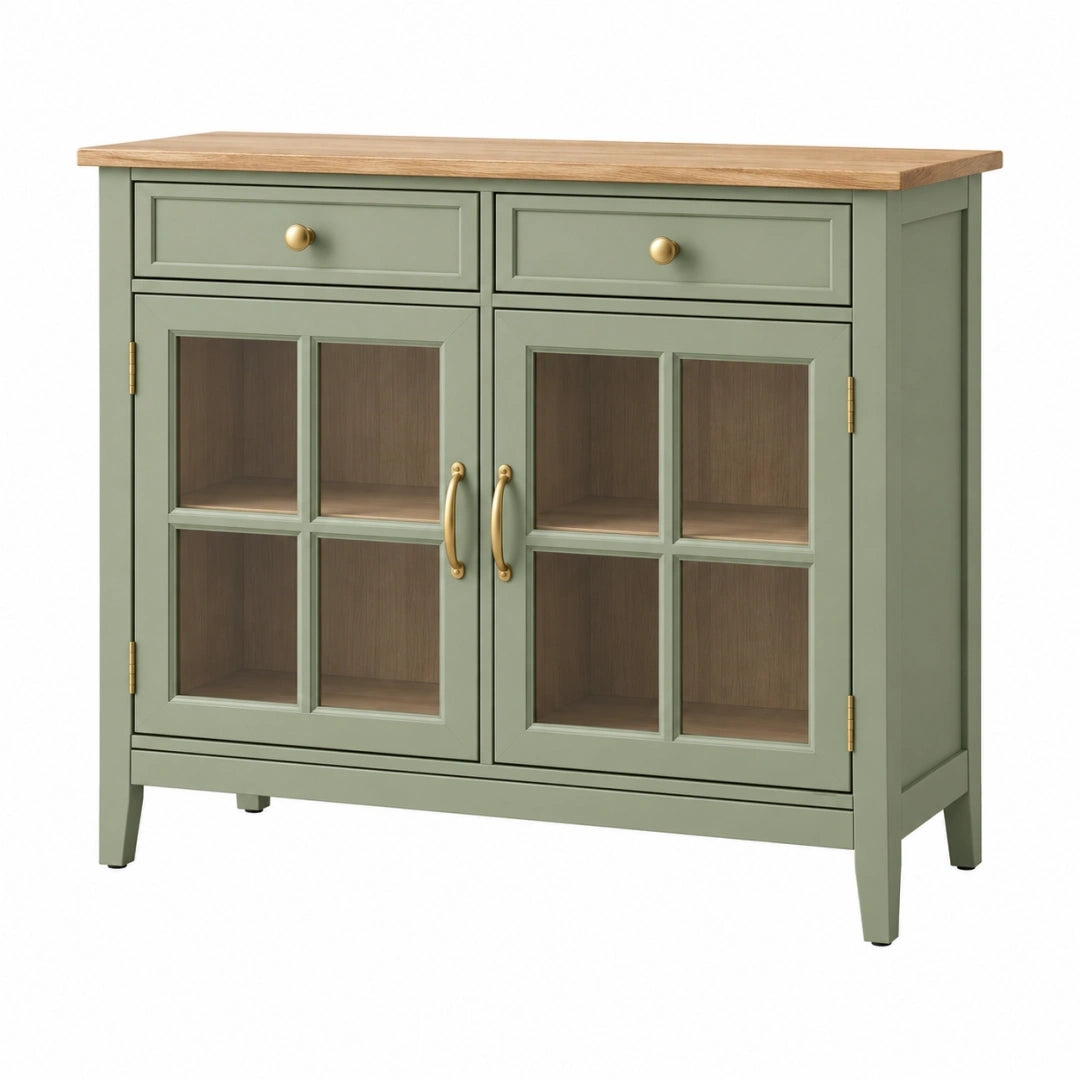 Aparador 120 x 40 x 100 cm de madera verde con puertas de vidrio y cajones