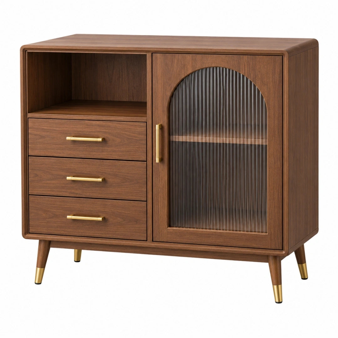 Aparador 90 x 40 x 95 cm de madera marrón con vidrio acanalado - almacenaje retro