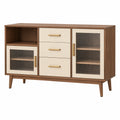 Aparador 140 x 40 x 85 cm de madera marrón y crema con puertas de vidrio estriado estilo moderno
