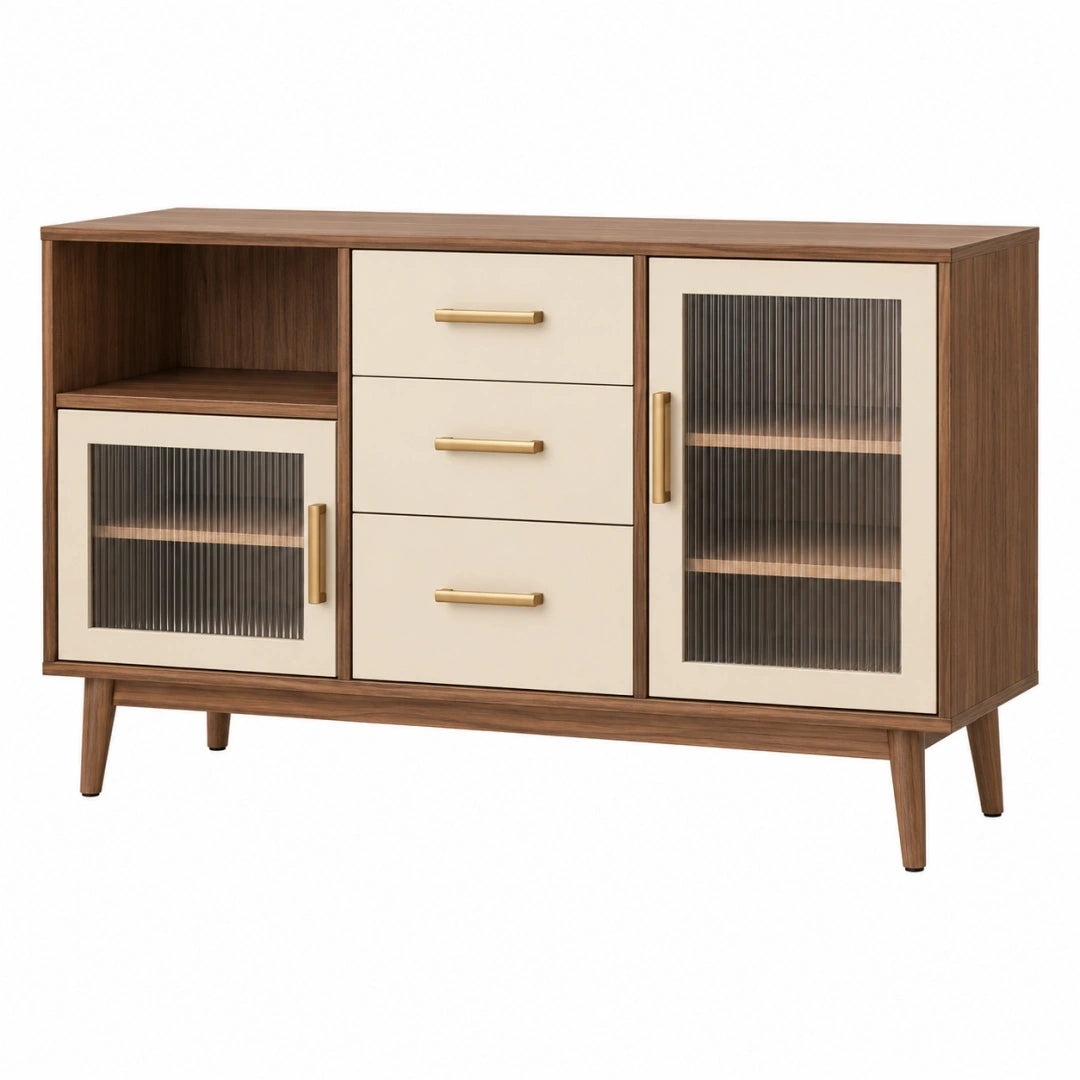 Aparador 140 x 40 x 85 cm de madera marrón y crema con puertas de vidrio estriado estilo moderno