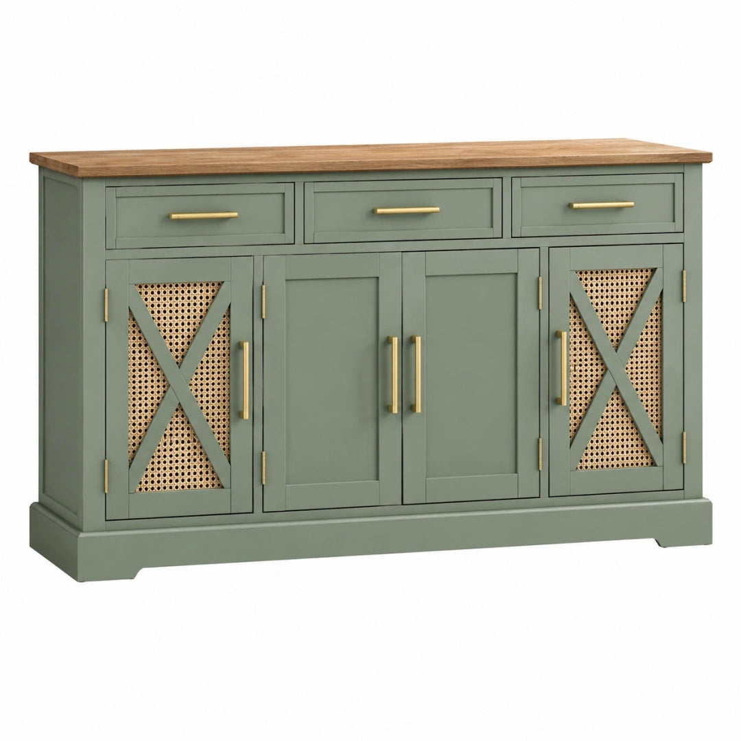 Aparador 150 x 40 x 90 cm de madera verde salvia con ratán para salón estilo rústico