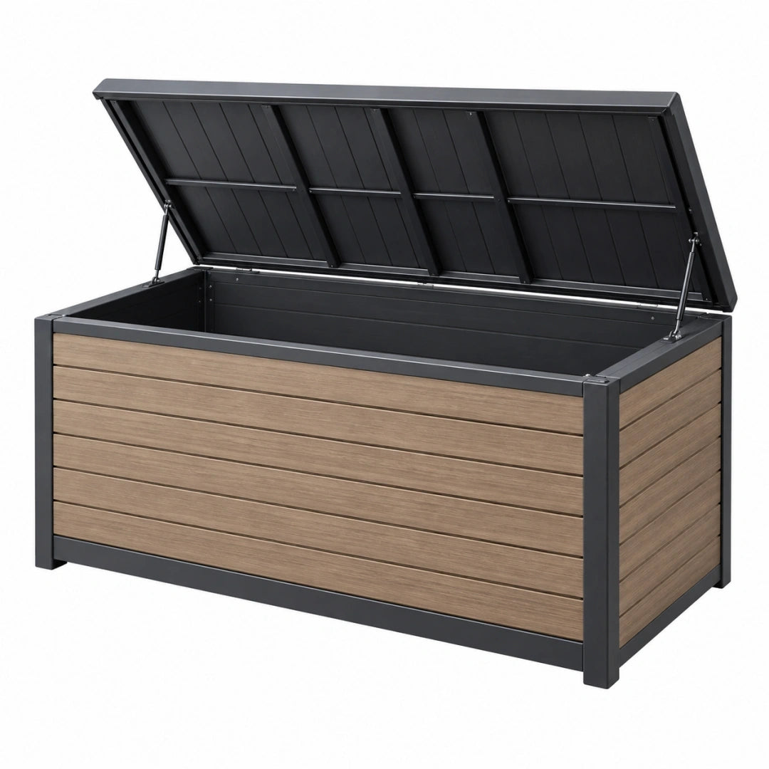 Arcón de exterior 120 x 60 x 63 cm de aluminio y paneles efecto madera marrón negro con tapa abatible