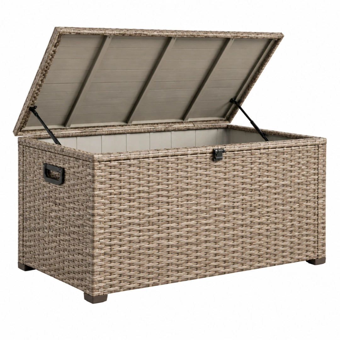 Baúl de almacenaje 120 x 50 x 60 cm de ratán sintético beige con tapa abatible para exterior