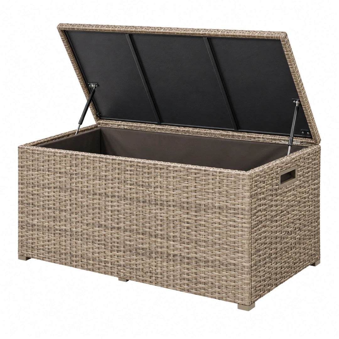 Arcón de almacenaje 120 x 50 x 60 cm de ratán sintético beige para exterior con tapa elevable