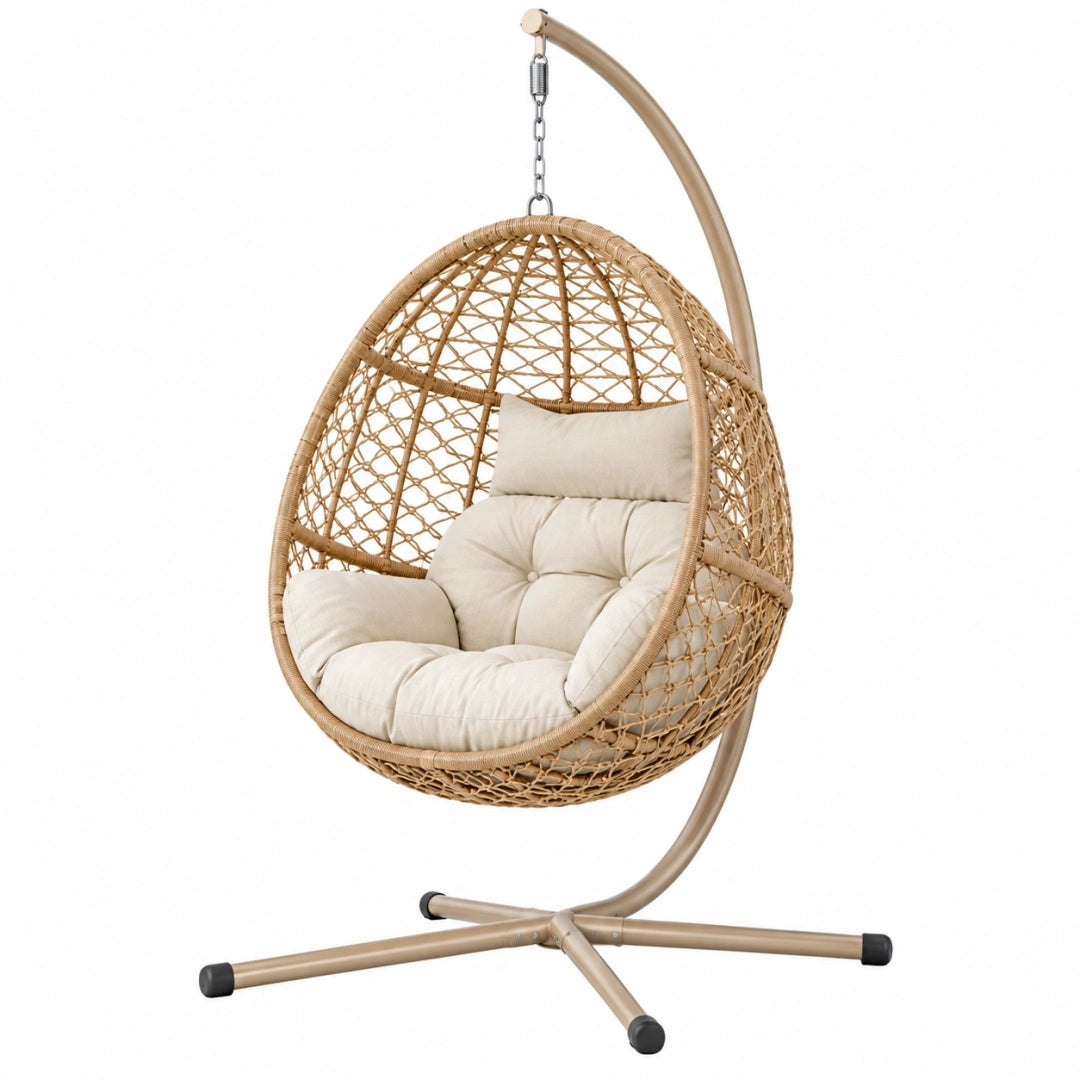 Sillón colgante 105 x 105 x 195 cm de ratán sintético beige con soporte metálico - estilo bohemio
