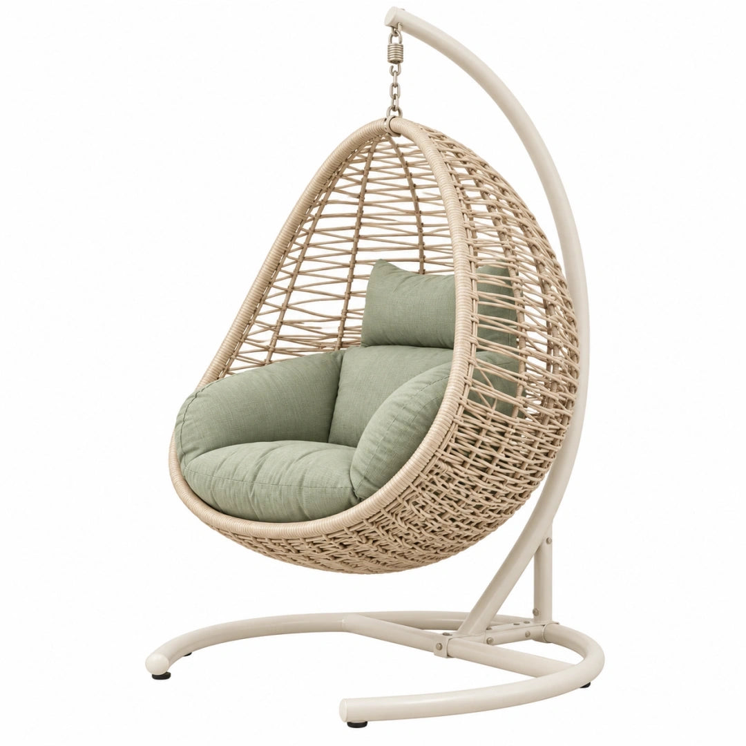 Sillón colgante 105 x 95 x 195 cm de ratán sintético beige con cojines verdes para exterior
