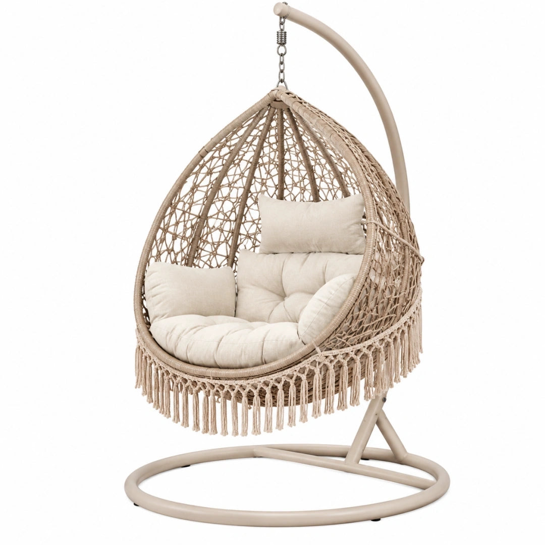 Sillón colgante 105 x 105 x 195 cm de metal y cuerda beige para interior estilo bohemio