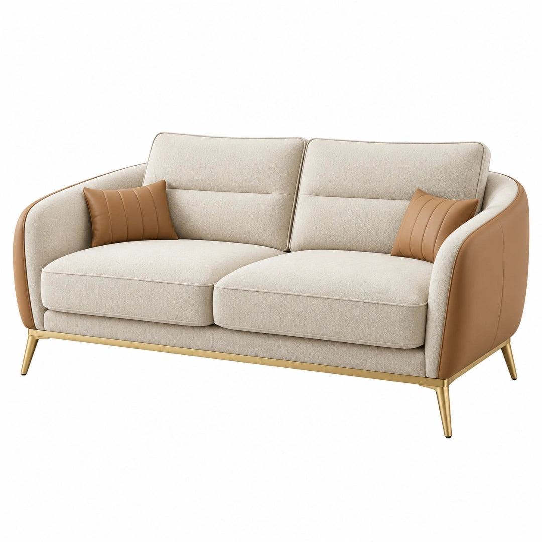 Sofá de 2 plazas 180 x 90 x 85 cm en tela beige y piel sintética camel con patas metálicas