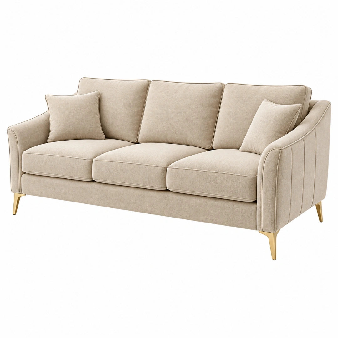 Sofá de 3 plazas 210 x 90 x 88 cm de tela beige con patas doradas - estilo contemporáneo