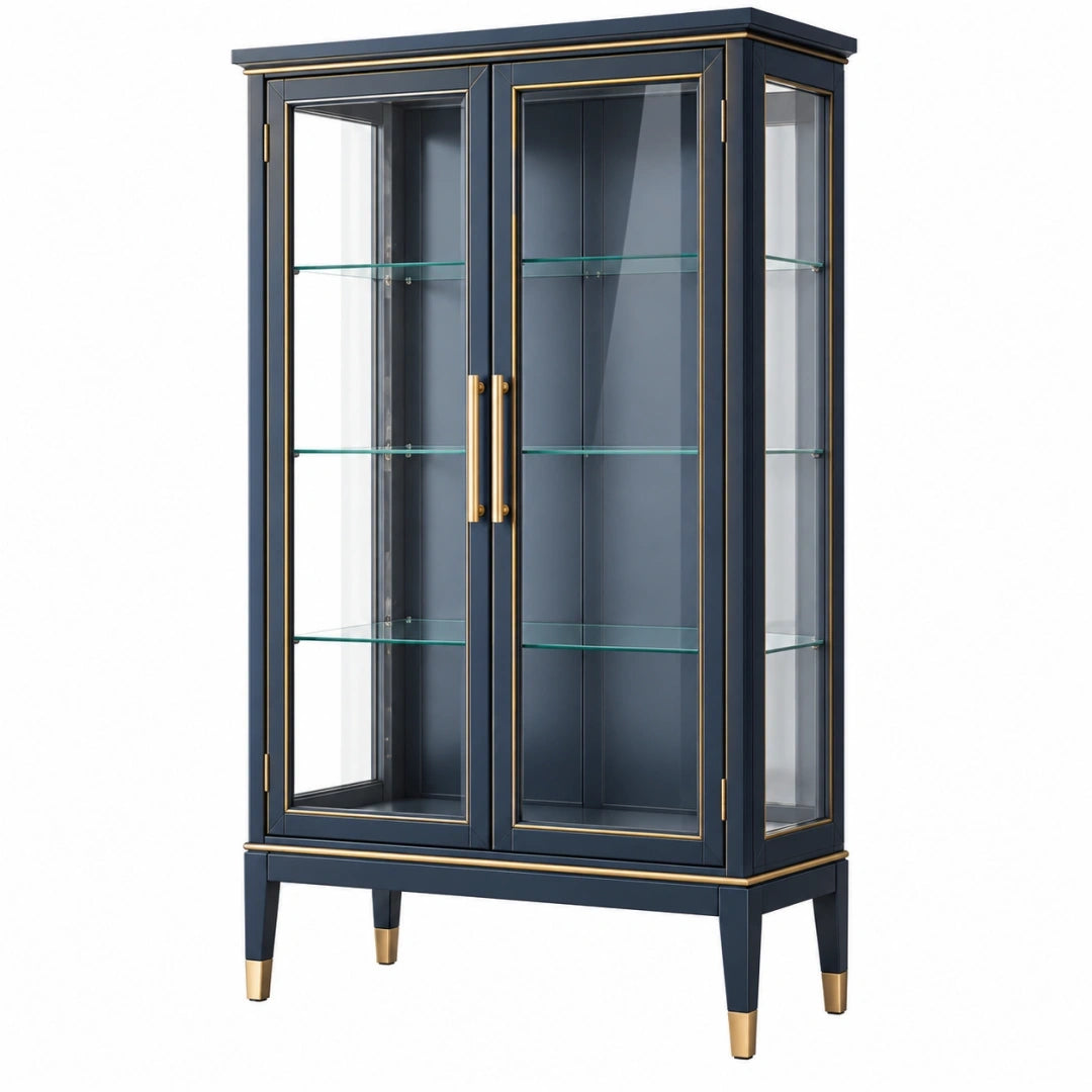 Vitrina 90 x 40 x 180 cm de madera y vidrio azul oscuro con detalles dorados