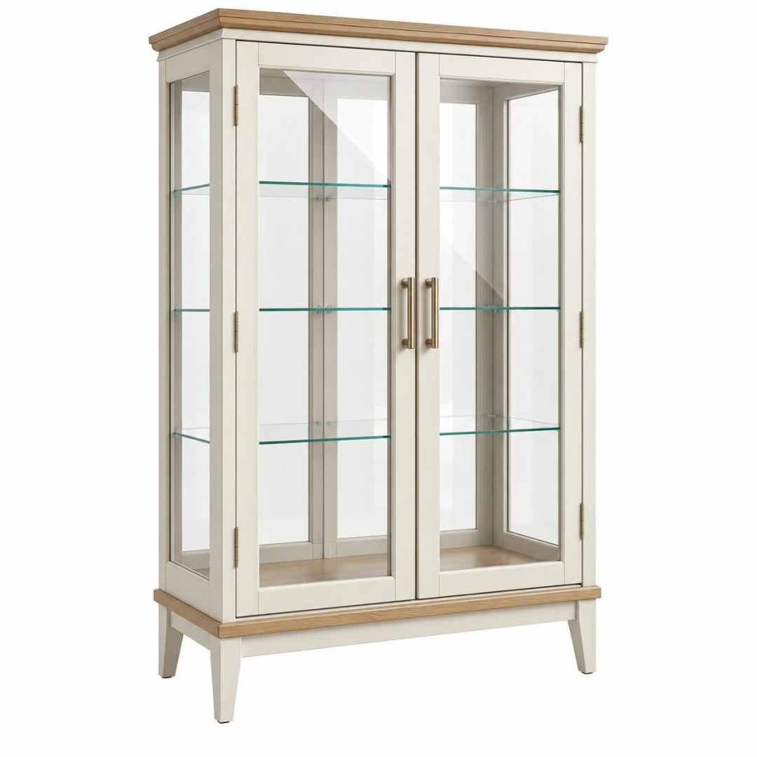 Vitrina 100 x 40 x 180 cm de madera y vidrio blanco y natural estilo clásico con 2 puertas