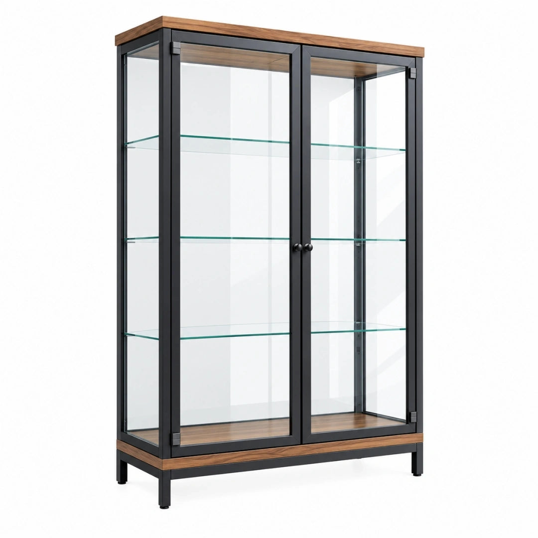 Vitrina 100 x 40 x 180 cm de vidrio y metal negro con acabado madera - almacenaje expositor