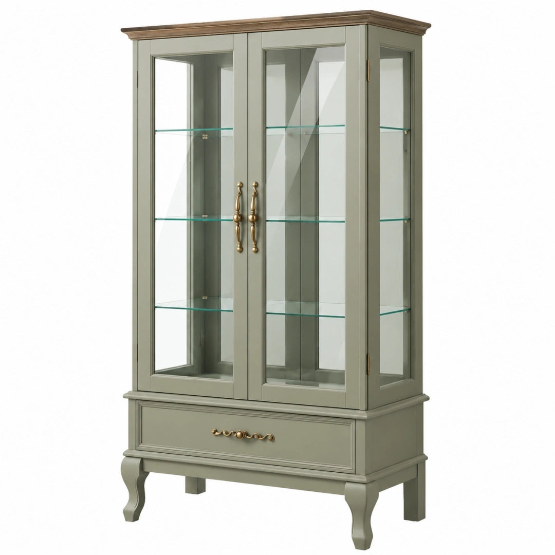 Vitrina 85 x 40 x 180 cm de madera y vidrio verde grisáceo estilo clásico con cajón