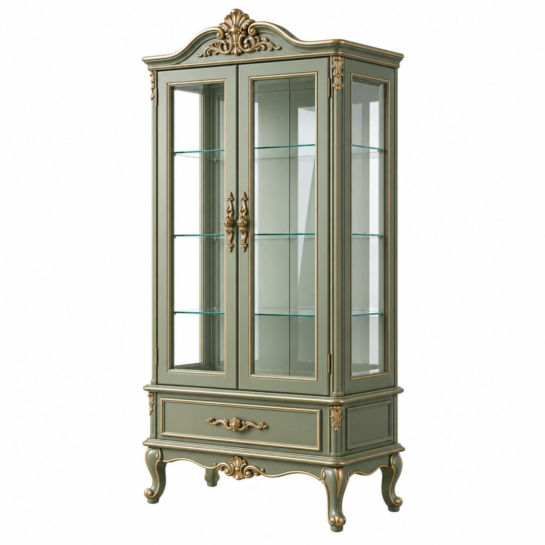 Vitrina 95 x 45 x 190 cm de madera y vidrio verde estilo clásico