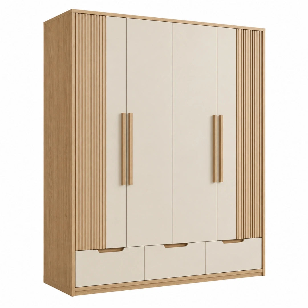 Armario 160 x 55 x 200 cm de madera beige y roble con puertas y cajones de estilo moderno