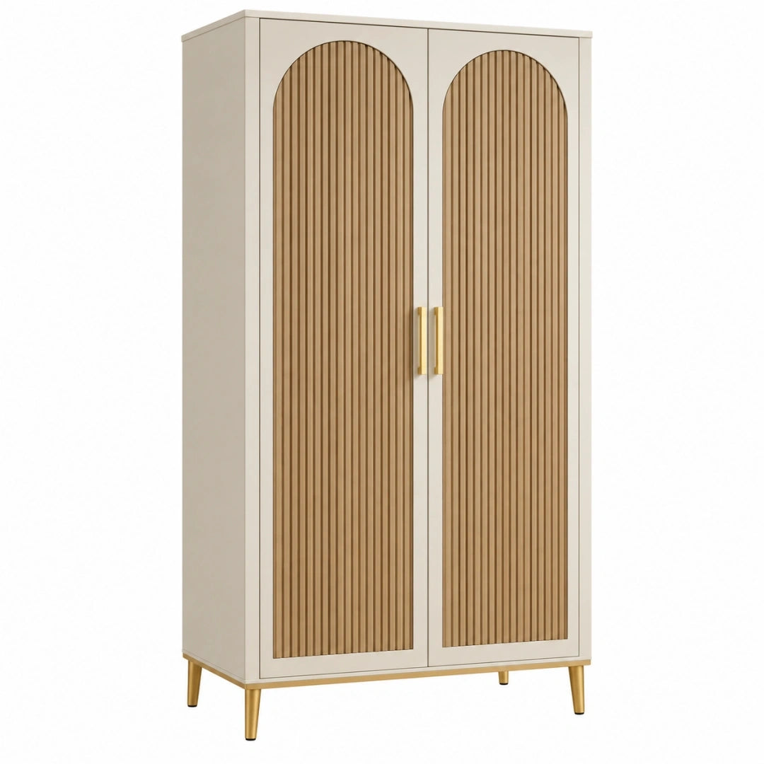 Armario 90 x 50 x 180 cm de madera beige y natural con puertas acanaladas estilo moderno