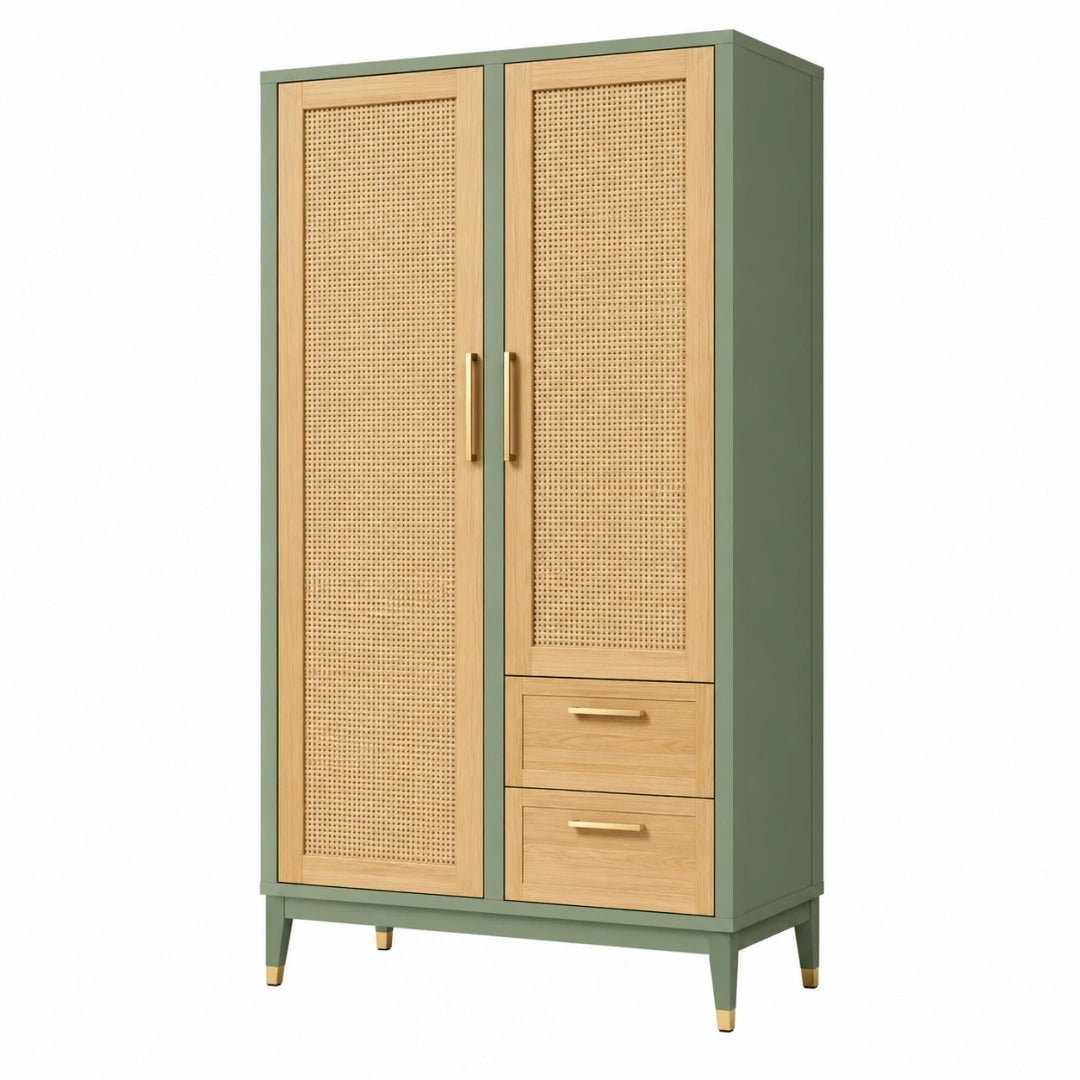 Armario de almacenaje 90 x 45 x 180 cm de madera verde con rejilla natural estilo retro