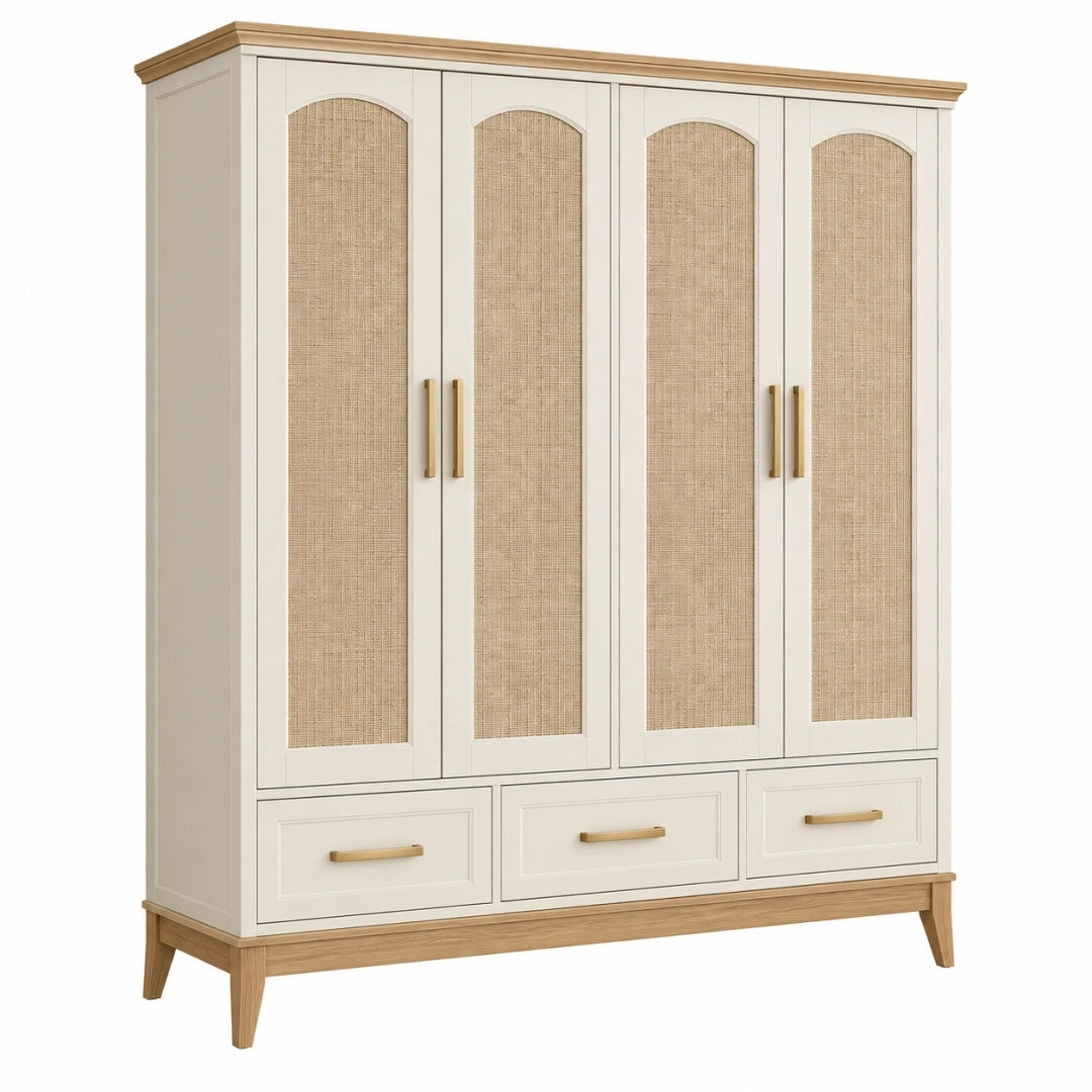 Armario 200 x 60 x 210 cm de madera blanco y roble natural con 4 puertas y 3 cajones estilo nórdico