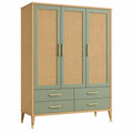 Armario 120 x 50 x 190 cm de madera natural y verde con rejilla de ratán - almacenaje con 3 puertas y 4 cajones
