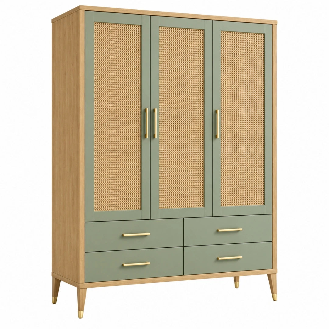 Armario 120 x 50 x 190 cm de madera natural y verde con rejilla de ratán - almacenaje con 3 puertas y 4 cajones